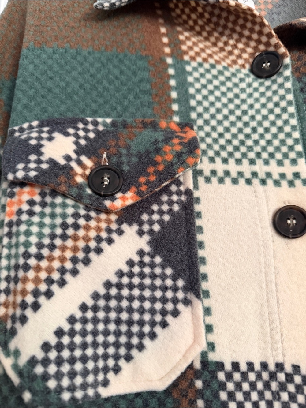 Zenana Plaid Button-Up Shacket in Green, Orange & Cream - Picture 2 of 2